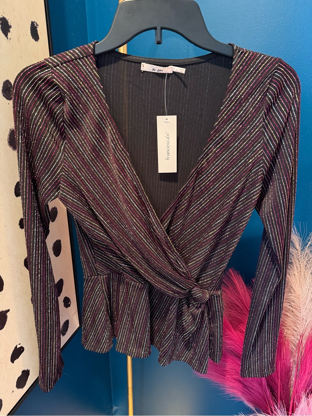 Francesca's Collections Black Metallic Stripe Wrap Peplum Blouse